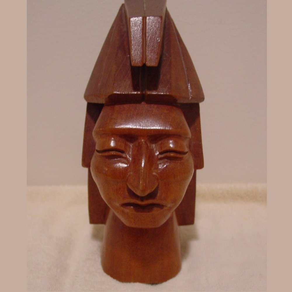 SOLD - Jose J Pinal Wood Carving Bust Aztec Royal Mexican Art